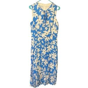 Donna Morgan Blue and White Floral Pleated Midi Dress with Neck Tie Keyhole